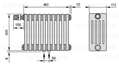 Схема (чертеж) Радиатор Zehnder Charleston 5060/10 №V007 Белый глянцевый RAL 9016